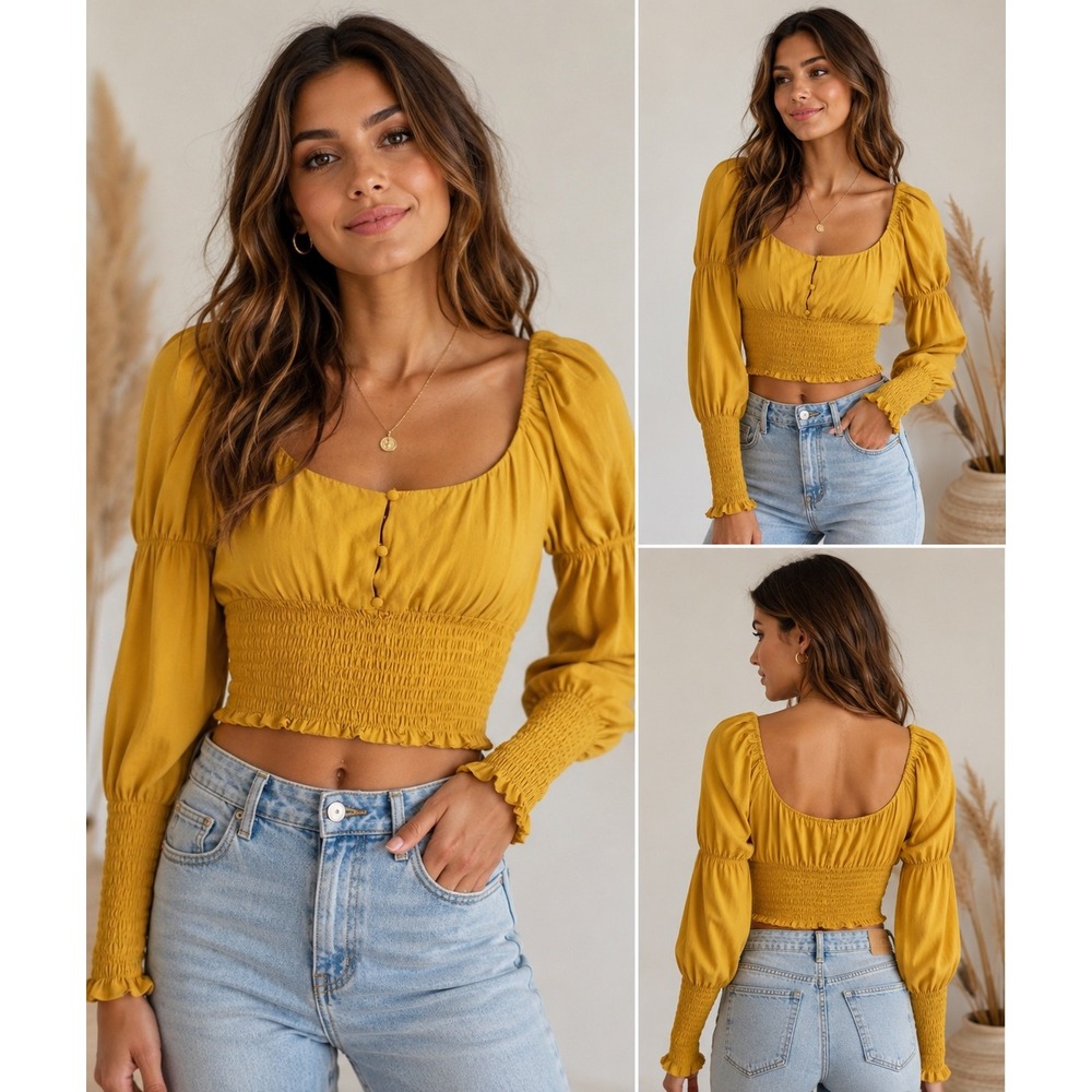 Milk &‎ Honey Mustard Yellow Smocked Boho Crop Top Puff Sleeve Size M